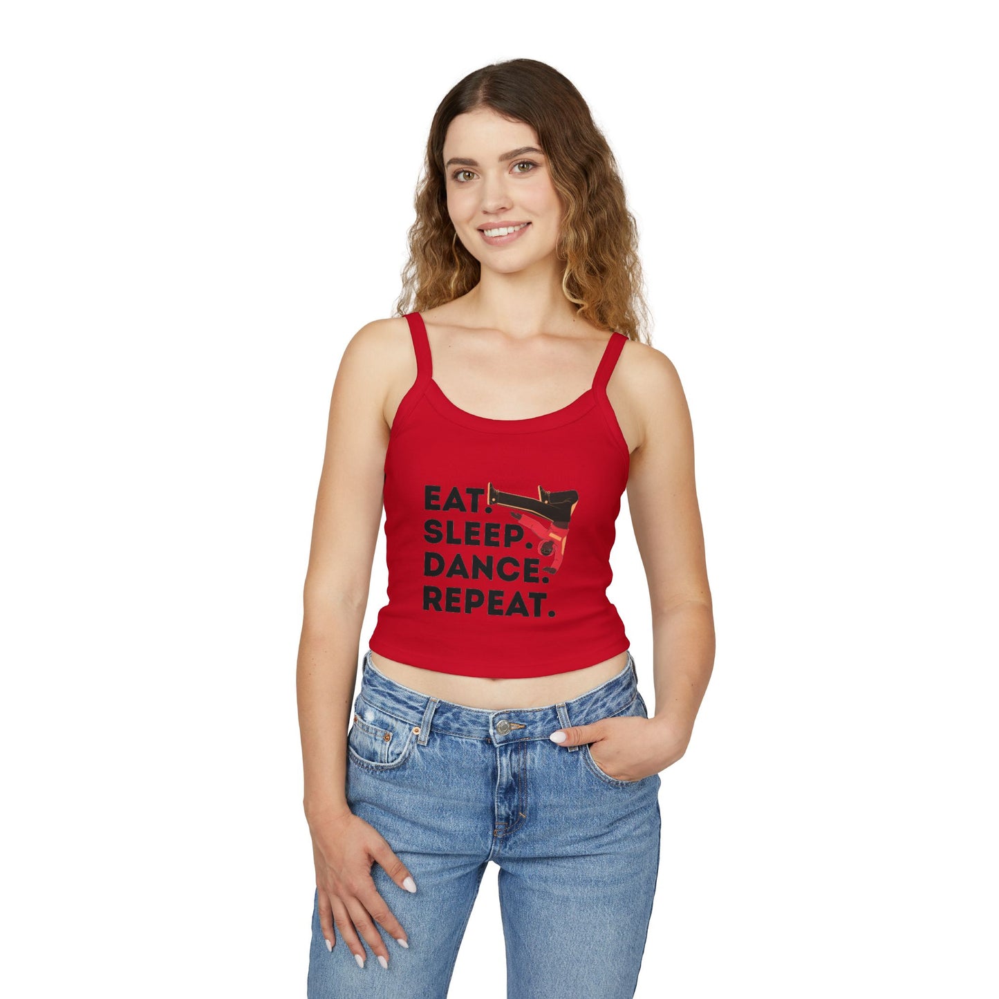 "Eat Sleep Dance Repeat" Women's Spaghetti Strap Dance Tank Top – Bold B-Boy Graphic Streetwear Style