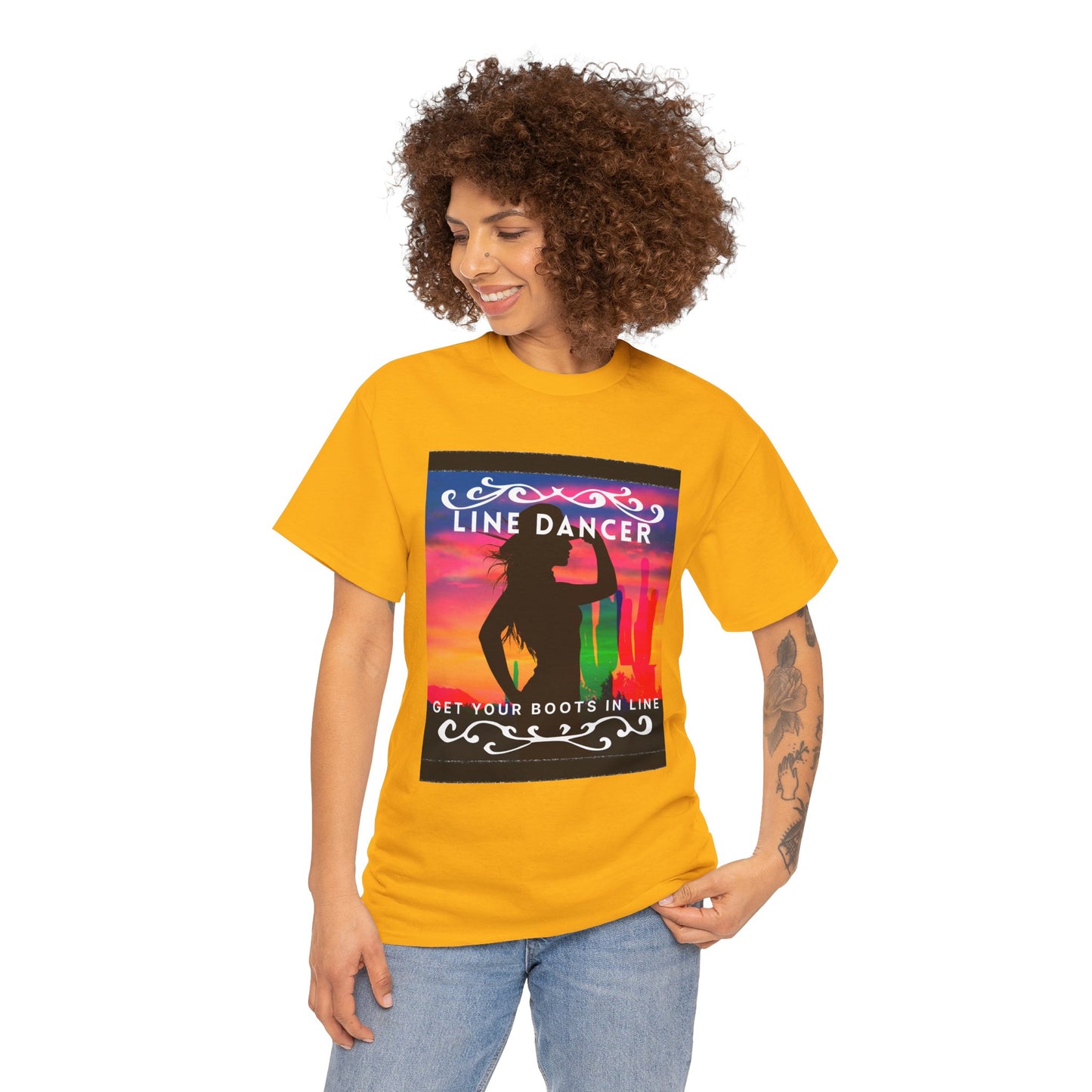 "Line Dancer" Unisex Heavy Cotton T-Shirt – Western Country Dance Graphic Tee – 'Get Your Boots in Line' Cowboy-Inspired Shirt
