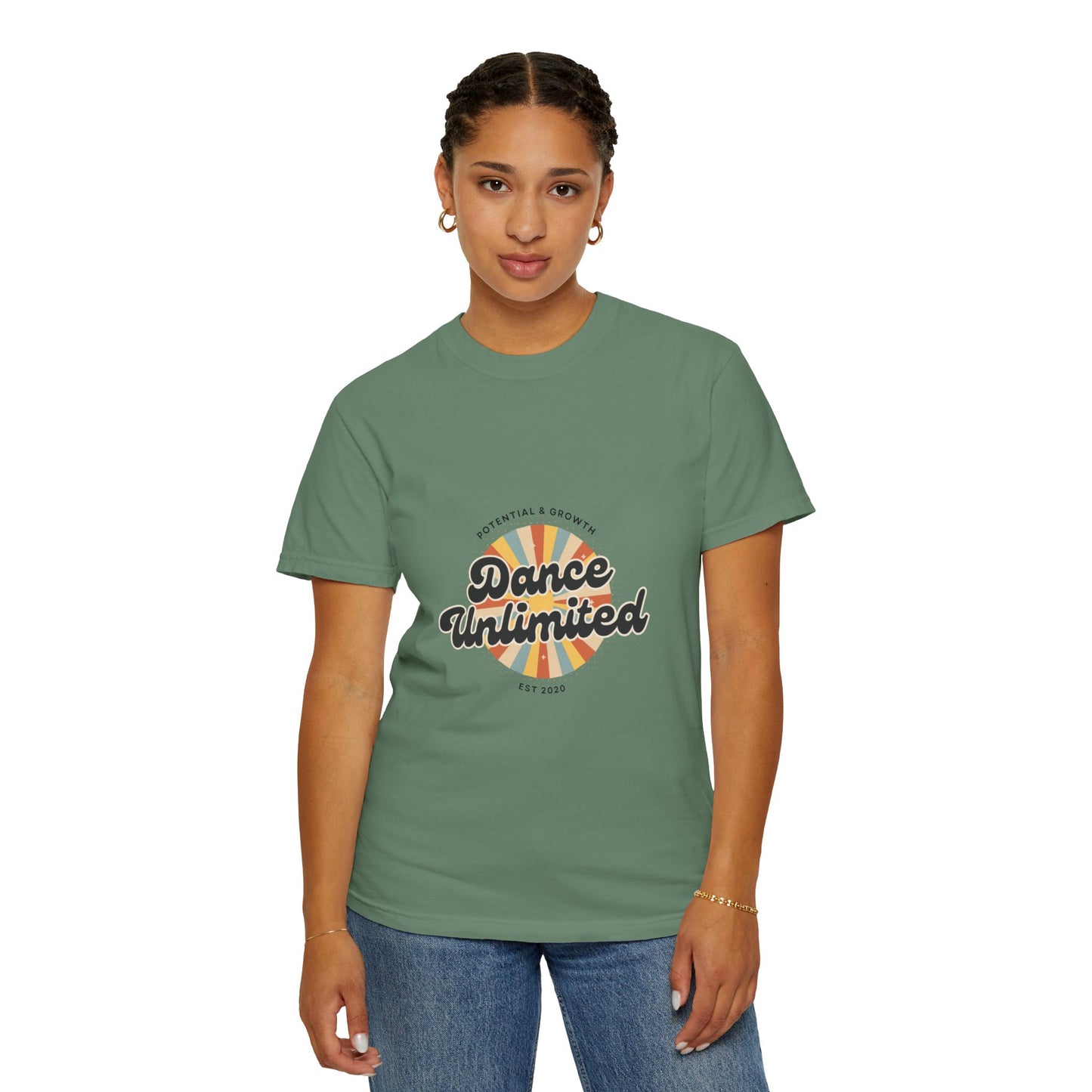 "Dance Unlimited, Potential & Growth" Unisex Garment-Dyed T-Shirt – Retro-Inspired Dance Motivation Graphic Tee – Inspirational Shirt for Dancers"