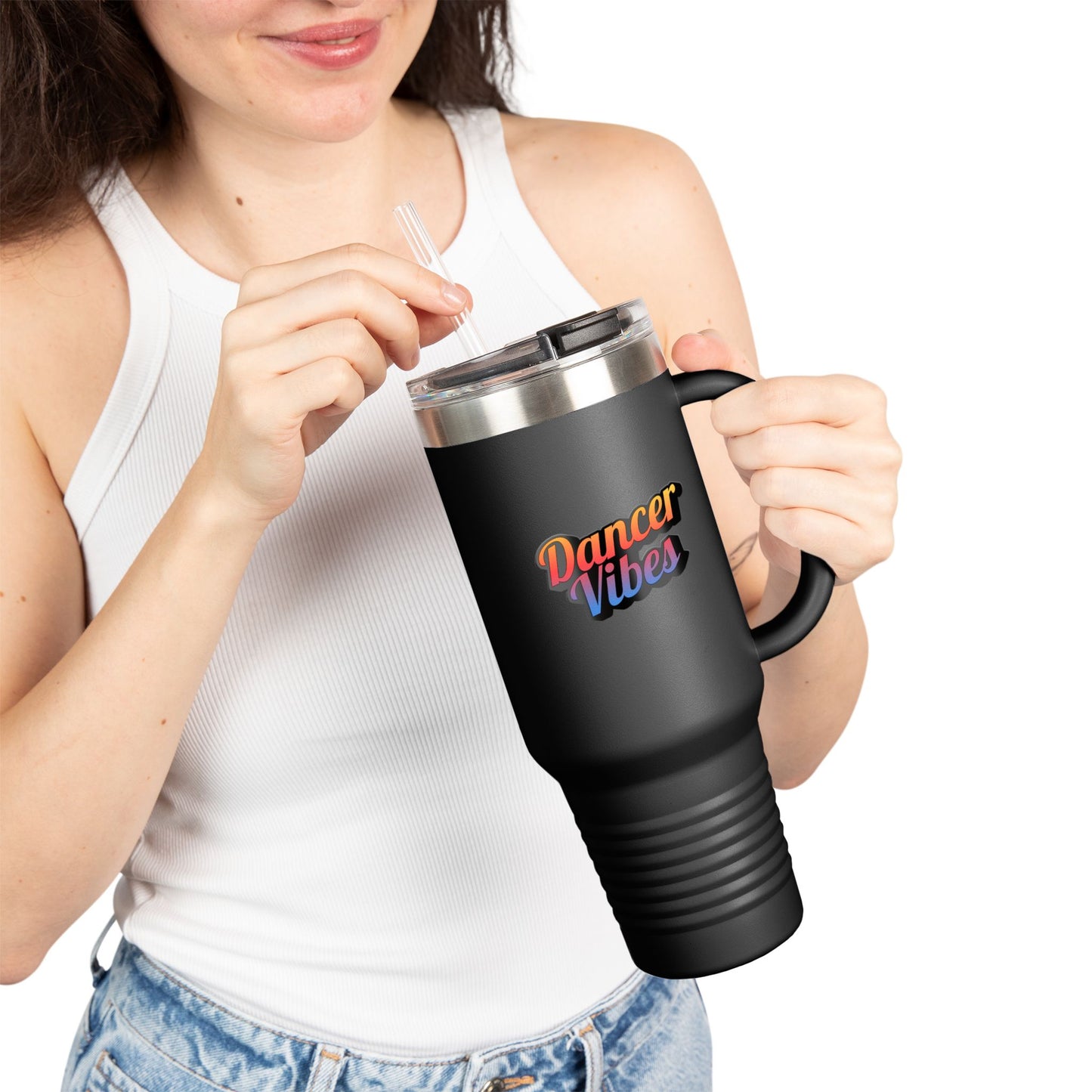 "Dancer Vibes" 40oz Insulated Travel Mug – Retro-Inspired Stainless Steel Tumbler for Dance Lovers | Hot & Cold Beverage Travel Cup with Handle and Leak-Proof Lid