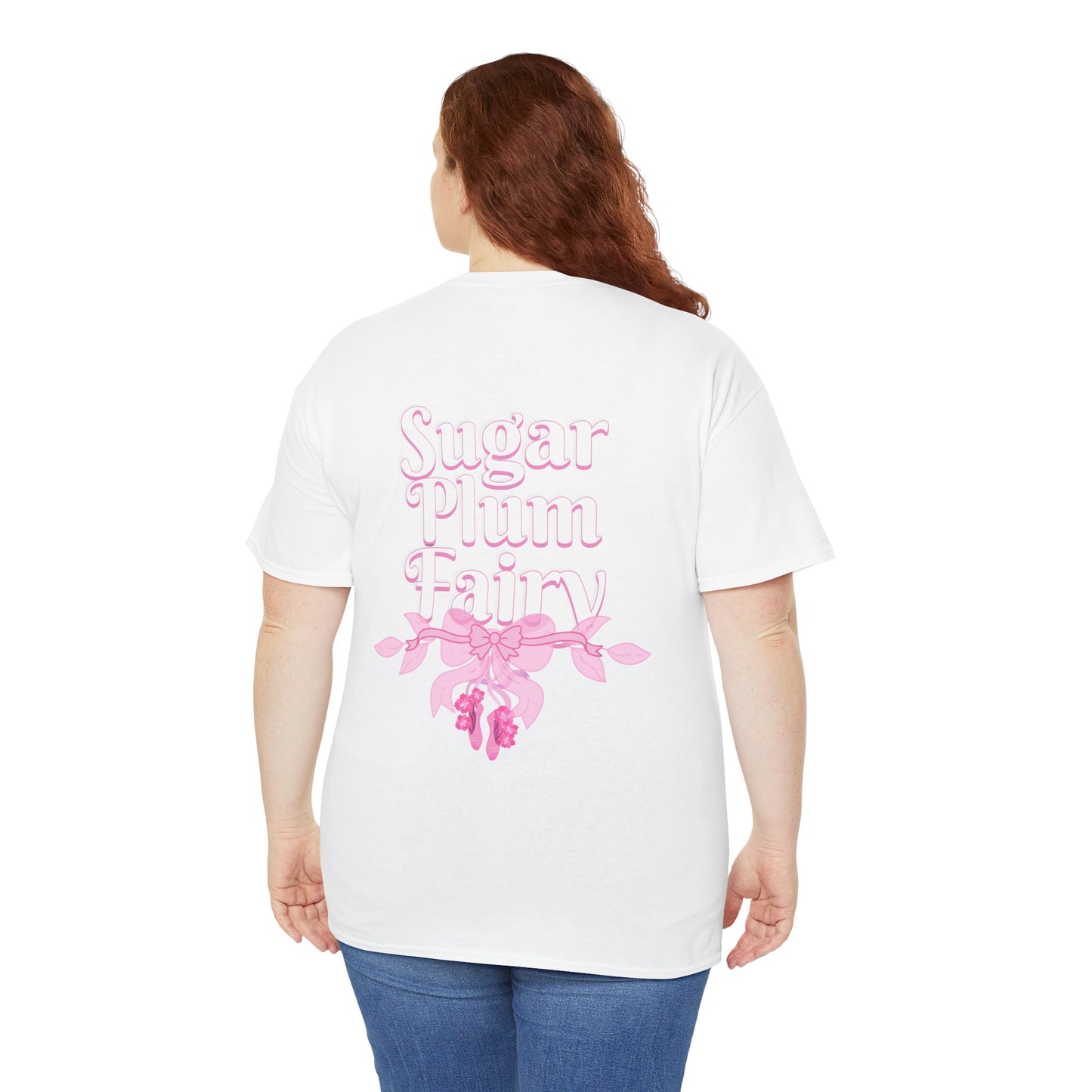 Person wearing a white t-shirt with 'Sugar Plum Fairy' text and pink floral design on the back.