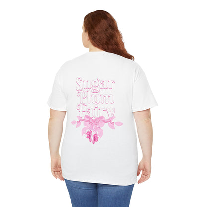 Person wearing a white t-shirt with 'Sugar Plum Fairy' text and pink floral design on the back.