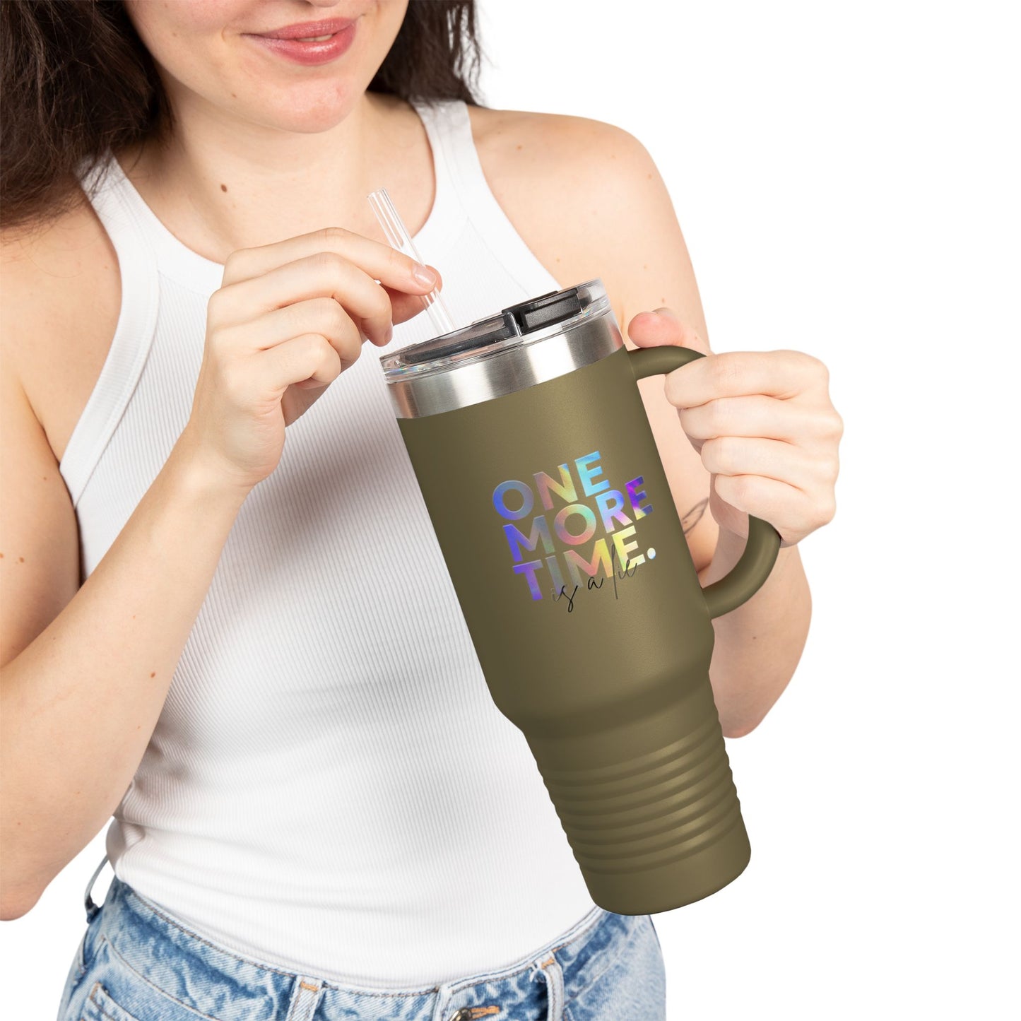"One More Time is a Lie" 40oz Insulated Travel Mug – Funny Dance Quote Stainless Steel Tumbler with Text Graphic – Durable, Leak-Proof Coffee Mug for Dancers & On-the-Go Lifestyles