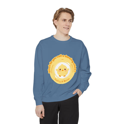 "What Do You Call a Dancing Chick? Poultry in Motion" Unisex Lightweight Crewneck Sweatshirt – Funny Dance Pun Pullover with Colorful Text Graphic for Dancers & Humor Lovers