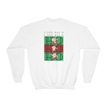 “5-eee and a 6-eee and a Ho, Ho, Ho” YOUTH SWEATSHIRT Crewneck with Playful Dancing Santa Front & Back – Festive Christmas Dance Sweatshirt for Dancers & Studios
