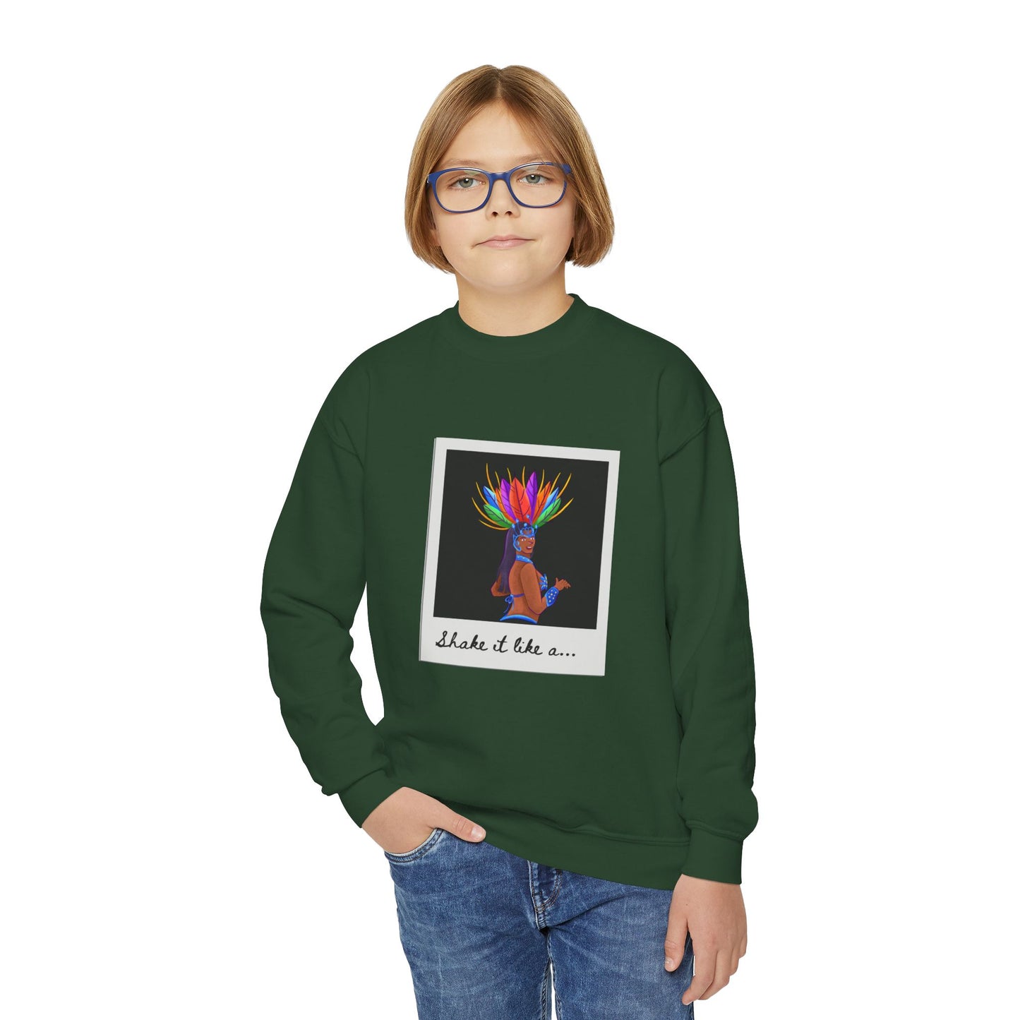 "Shake It Like a..." Youth Crewneck Sweatshirt – Carnival-Inspired Samba Dancer Graphic Pullover for Kids and Teens
