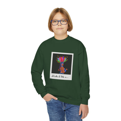 "Shake It Like a..." Youth Crewneck Sweatshirt – Carnival-Inspired Samba Dancer Graphic Pullover for Kids and Teens