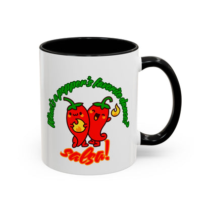 "What's a Pepper's Favorite Dance? Salsa." Accent Coffee Mug – Funny Dance Pun Ceramic Mug for Dancers and Food Lovers