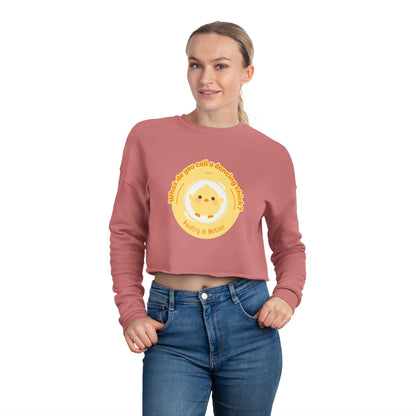 "What do you call a dancing chick? Poultry in Motion" – Women’s Cropped Dance Sweatshirt | Funny Dancing Chick Pullover with Cute Chicken Graphic