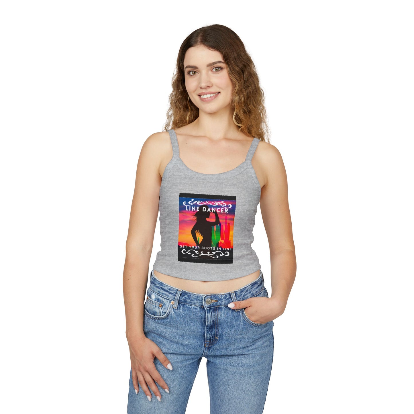 "Line Dancer" Spaghetti Strap Tank Top – Western-Inspired Country Dance Graphic – 'Get Your Boots in Line' Women's Dance Tank