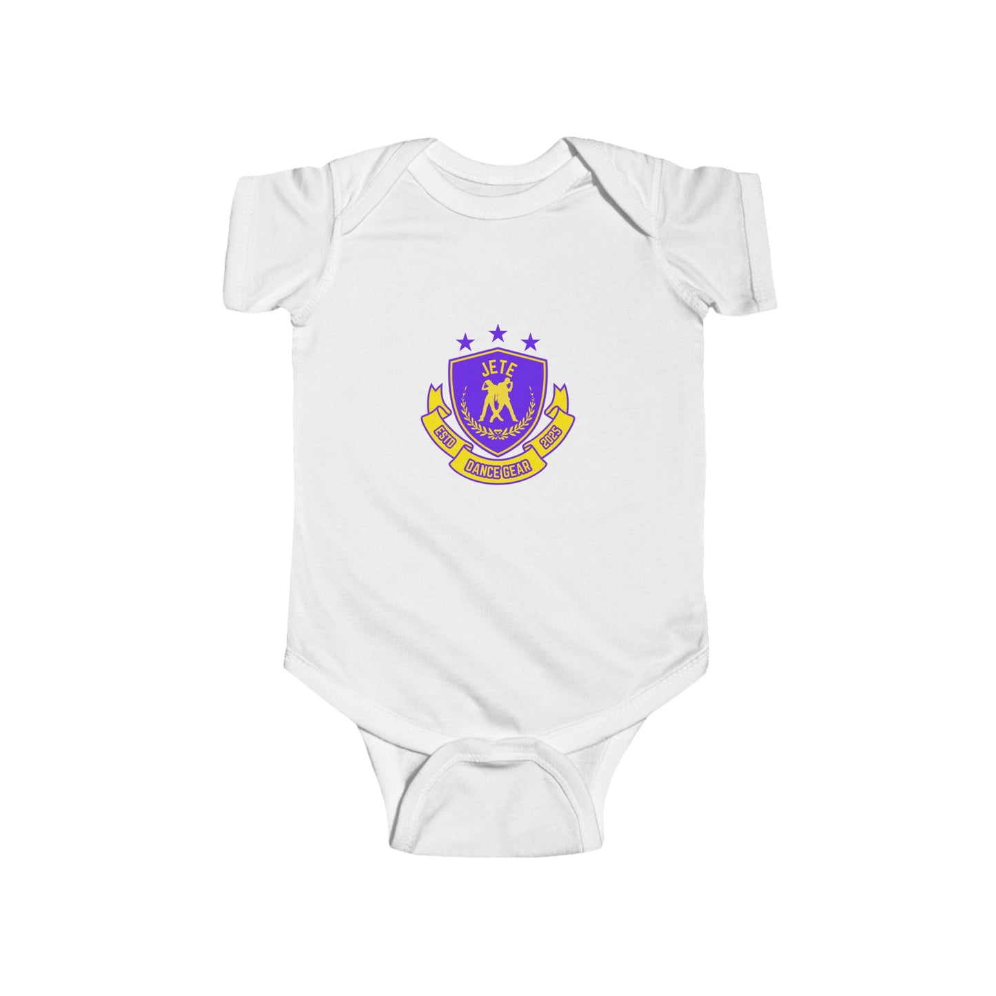 "Jeté Dance Gear" Infant Short Sleeve Bodysuit – Collegiate-Inspired Dance Graphic Baby Outfit for Future Dancers