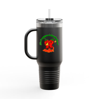"What's a Pepper's Favorite Dance? Salsa." Funny Dance Quote 40oz Insulated Travel Mug – Bold Pepper Graphic Stainless Steel Tumbler