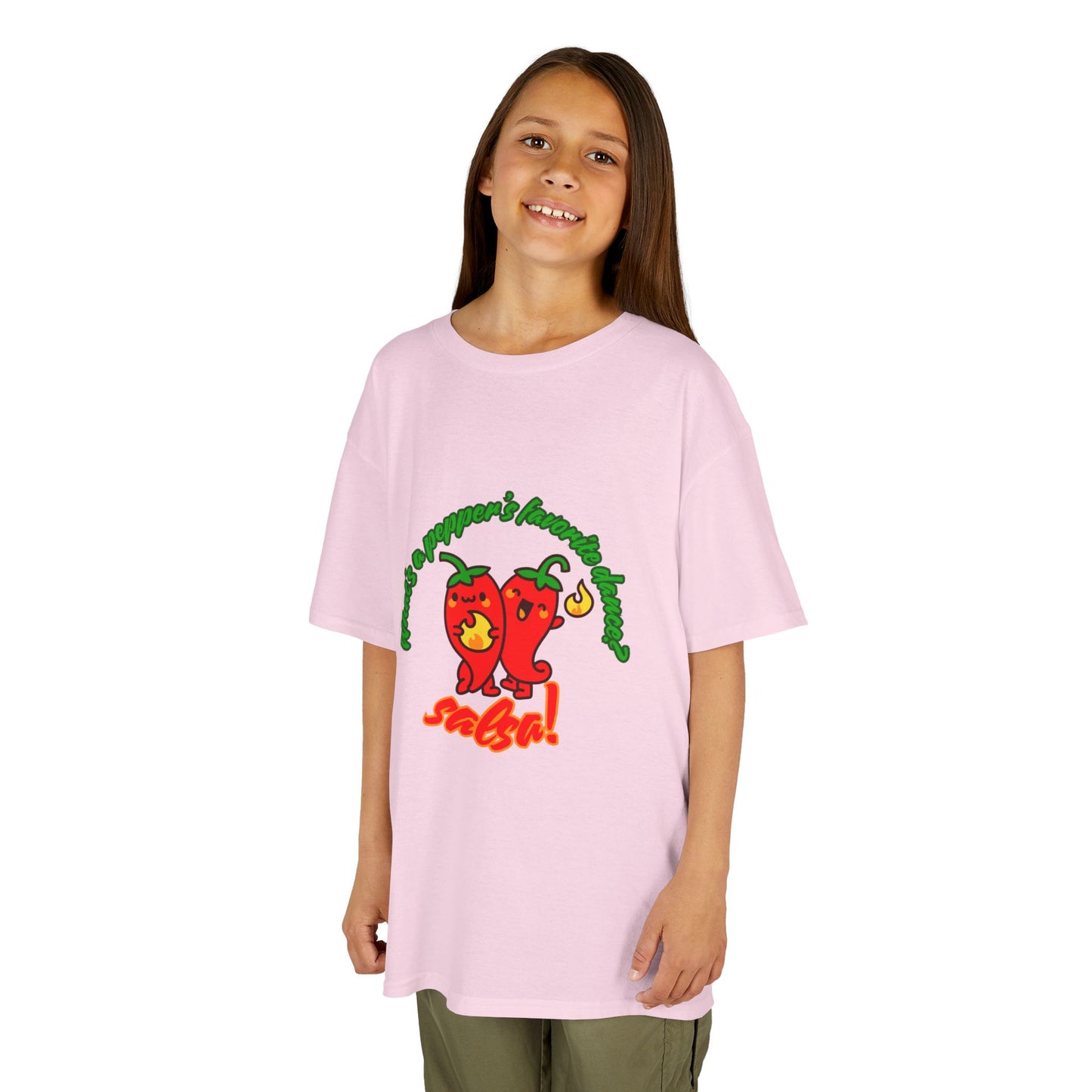 "What’s a Pepper’s Favorite Dance? Salsa!" Youth Short Sleeve Tee – Funny Dance Shirt with Cute Pepper Graphic for Kids