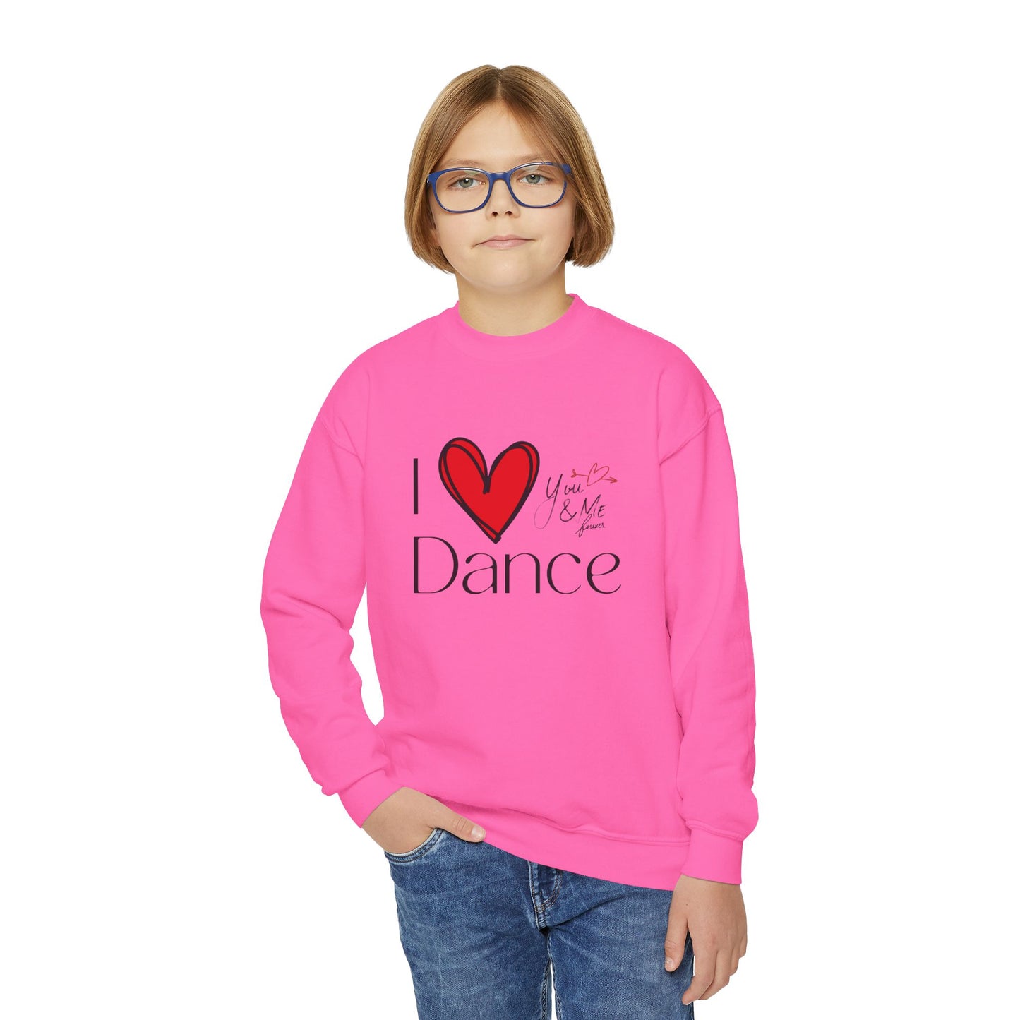 "I Love Dance" Youth Crewneck Sweatshirt – Hand-Drawn Heart & Note Graphic Dance Lover Pullover