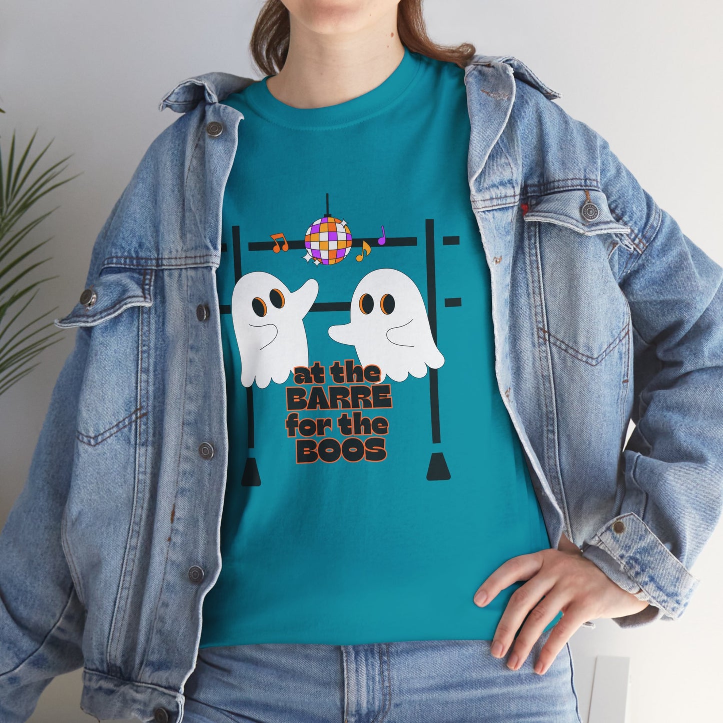 “At the Barre for the Boos” Dance Halloween T-Shirt with Cute Ghost Ballet Graphics - Unisex Heavy Cotton Tee
