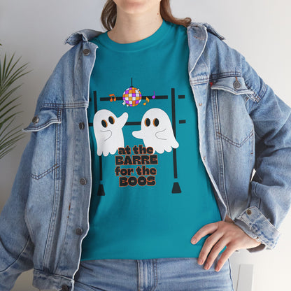 “At the Barre for the Boos” Dance Halloween T-Shirt with Cute Ghost Ballet Graphics - Unisex Heavy Cotton Tee