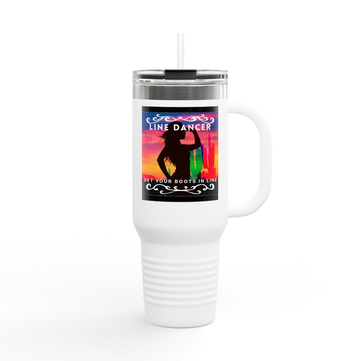 "Line Dancer, Get Your Boots In Line" 40oz Insulated Travel Mug – Cowgirl Dance-Themed Tumbler for Country Western Lovers