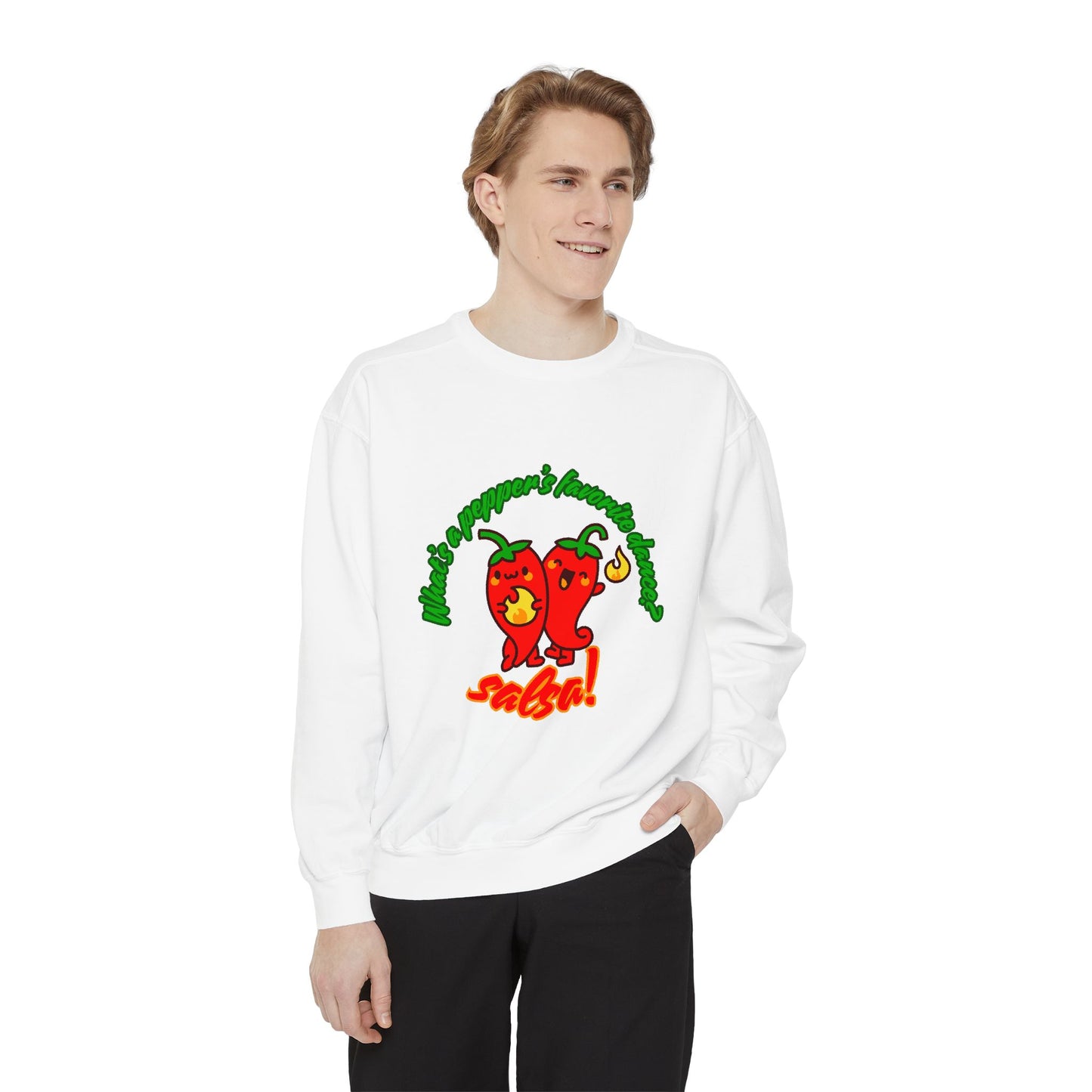 "What's a Pepper's Favorite Dance? Salsa!" Unisex Lightweight Crewneck Sweatshirt – Fun Dance Pun Pullover with Cute Pepper Graphic for Dancers & Food Lovers