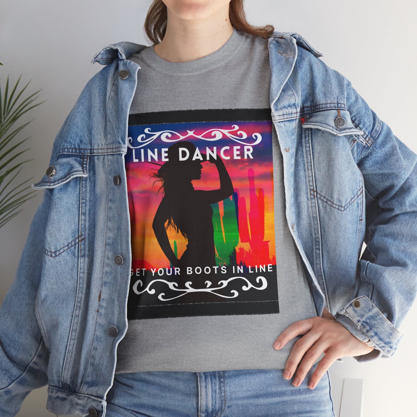 "Line Dancer" Unisex Heavy Cotton T-Shirt – Western Country Dance Graphic Tee – 'Get Your Boots in Line' Cowboy-Inspired Shirt