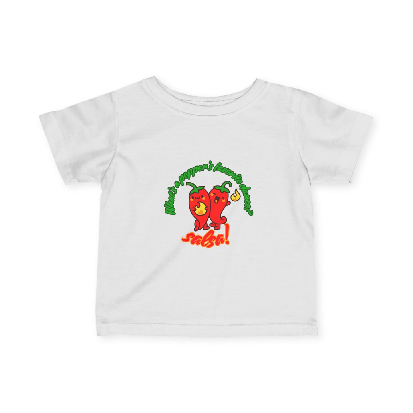 "What's a Pepper's Favorite Dance? Salsa!" Cute Dance-Themed Infant Fine Jersey Tee with Spicy Pepper Graphic – Funny Baby T-Shirt for Little Movers