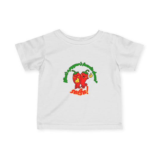 "What's a Pepper's Favorite Dance? Salsa!" Cute Dance-Themed Infant Fine Jersey Tee with Spicy Pepper Graphic – Funny Baby T-Shirt for Little Movers