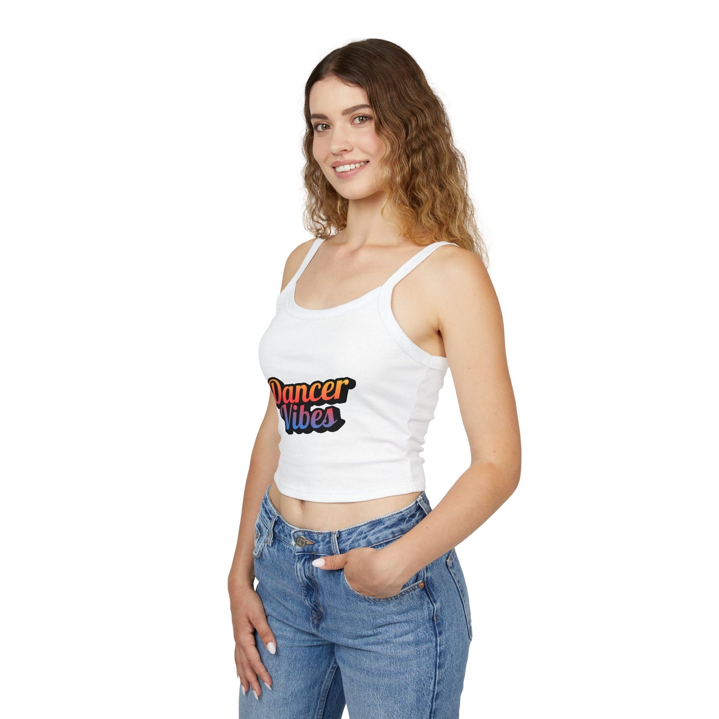 "Dancer Vibes" Women’s Spaghetti Strap Tank Top – Colorful Text Graphic | Fun Dance Lifestyle Shirt for Studio, Festivals & Everyday Style