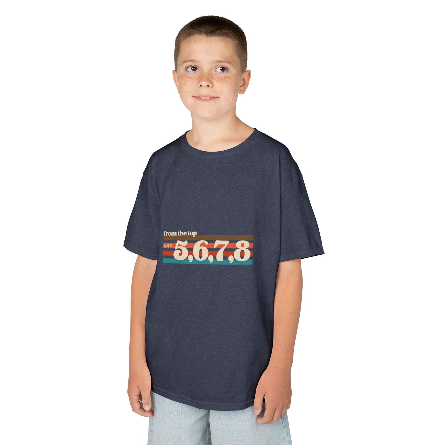 “From the Top and 5, 6, 7, 8” Youth Short Sleeve Tee – Retro Graphic Dance Shirt for Kids and Young Performers
