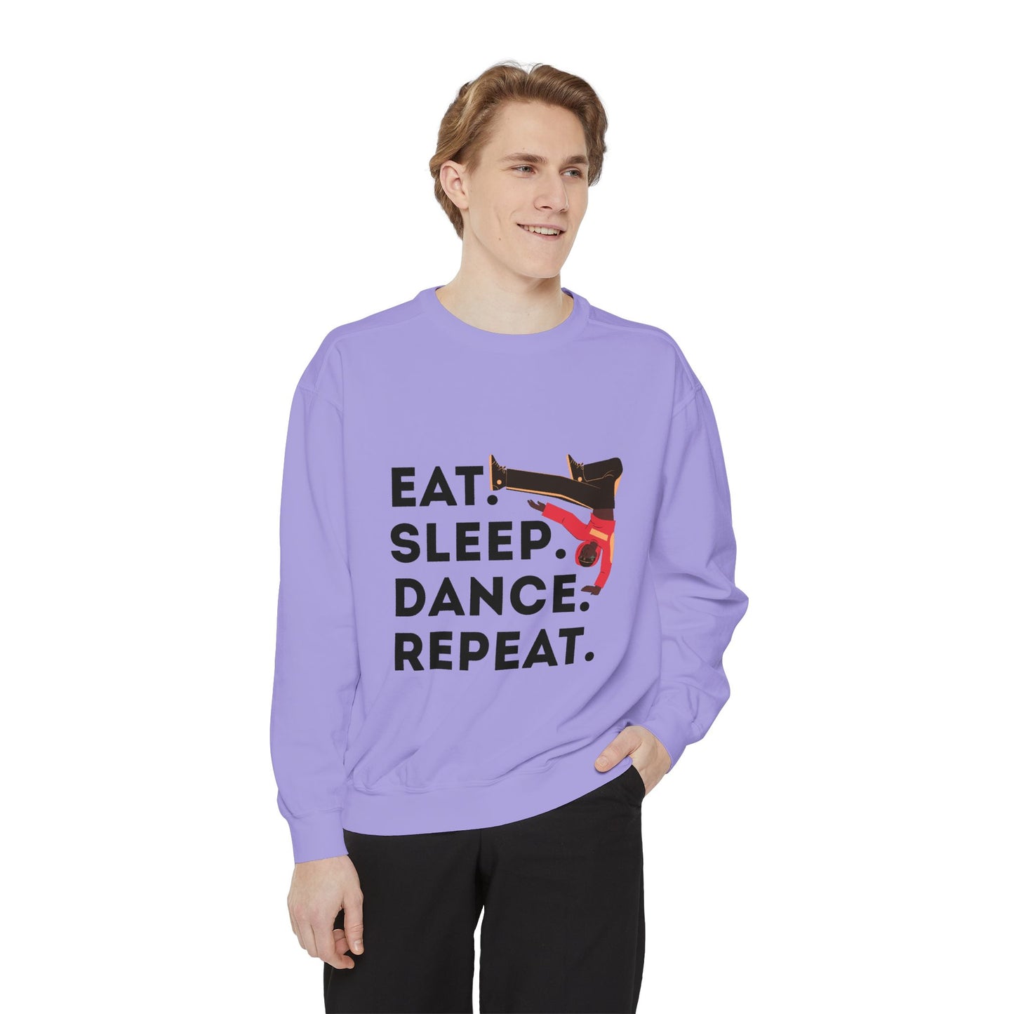 "Eat, Sleep, Dance, Repeat." Unisex Lightweight Crewneck Sweatshirt – Bold B-Boy Graphic Pullover for Hip-Hop Dancers & Street Style Fans