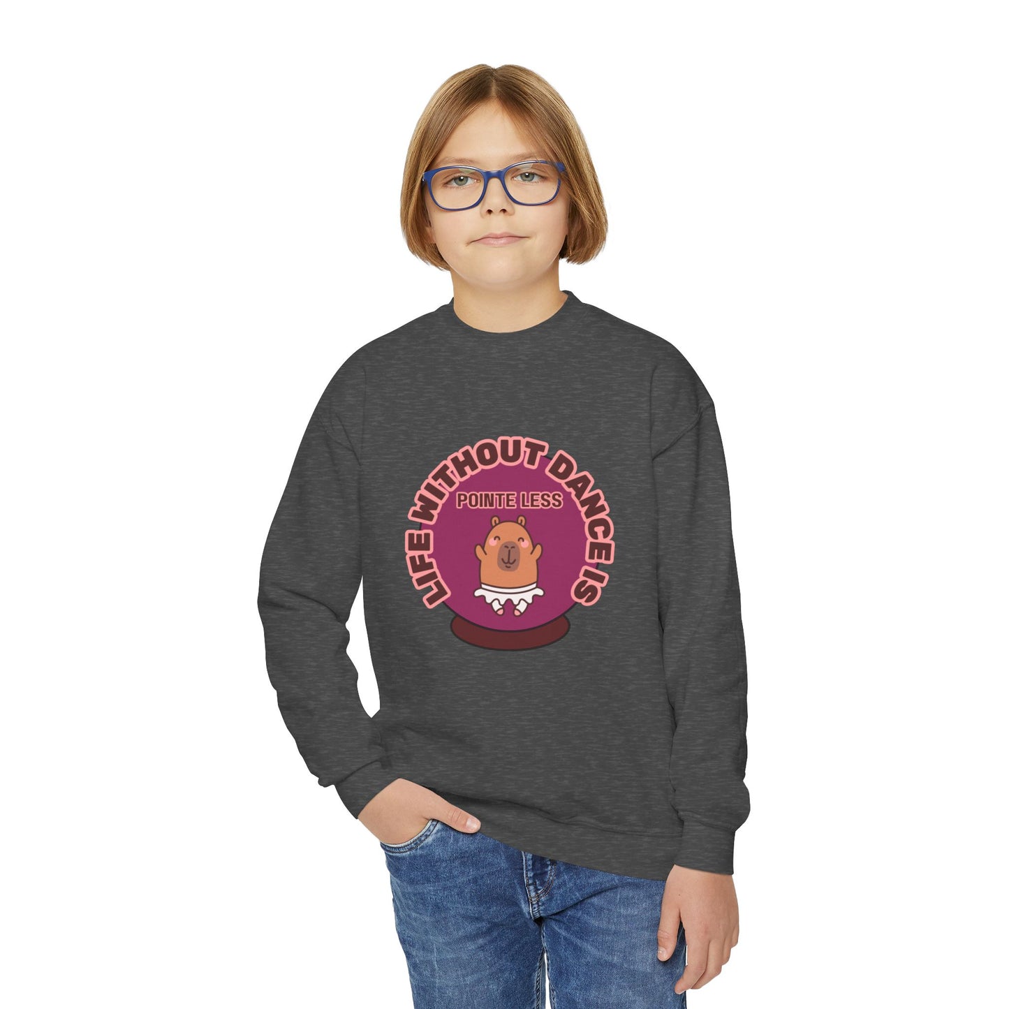 "Life Without Dance Is Pointeless" – Cute Dancing Capybara Youth Crewneck Sweatshirt | Funny Animal Dance Kids Pullover