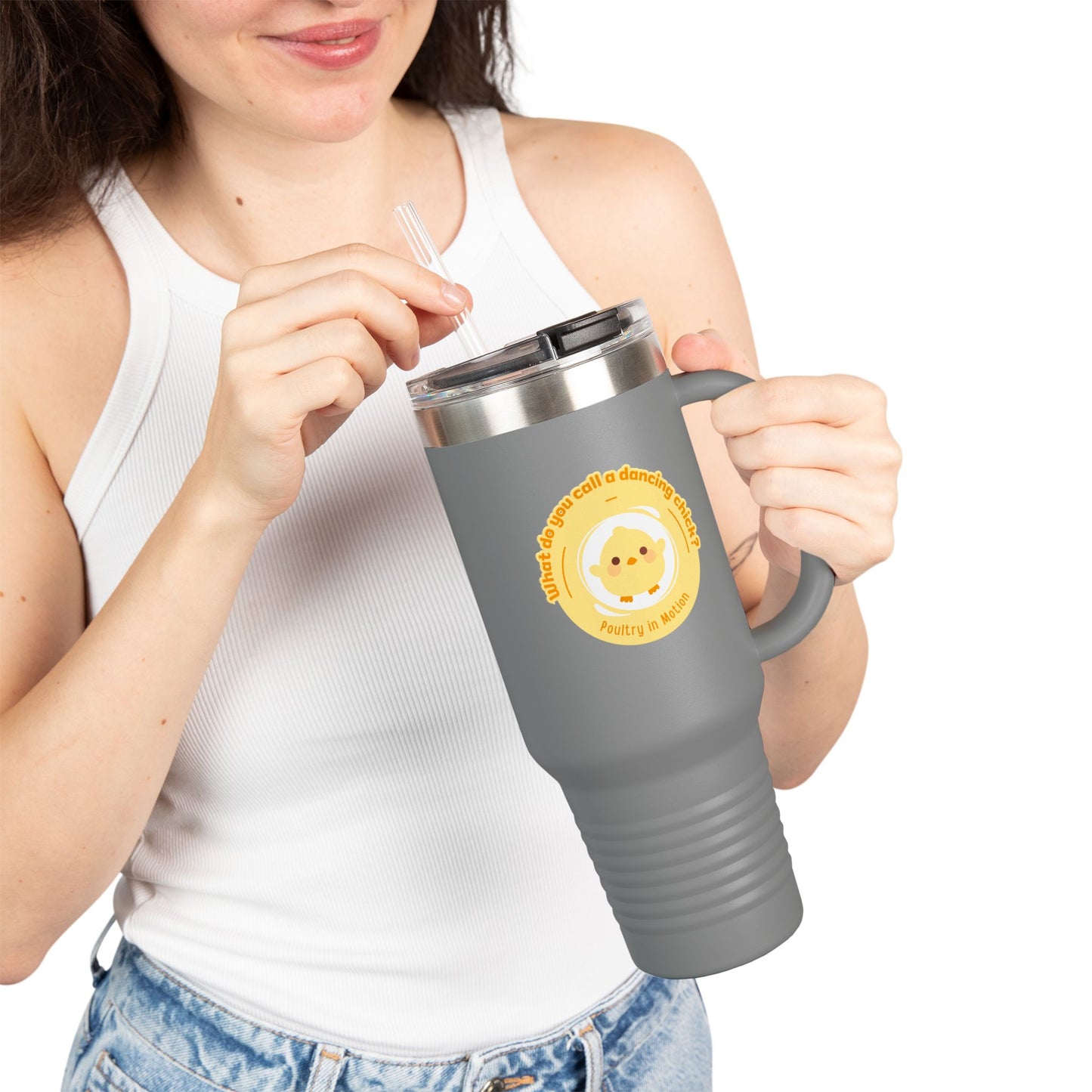 "Poultry in Motion" 40oz Insulated Travel Mug – Cute Dancing Chick Graphic | Funny Dance-Themed Stainless Steel Tumbler for On-the-Go Sipping