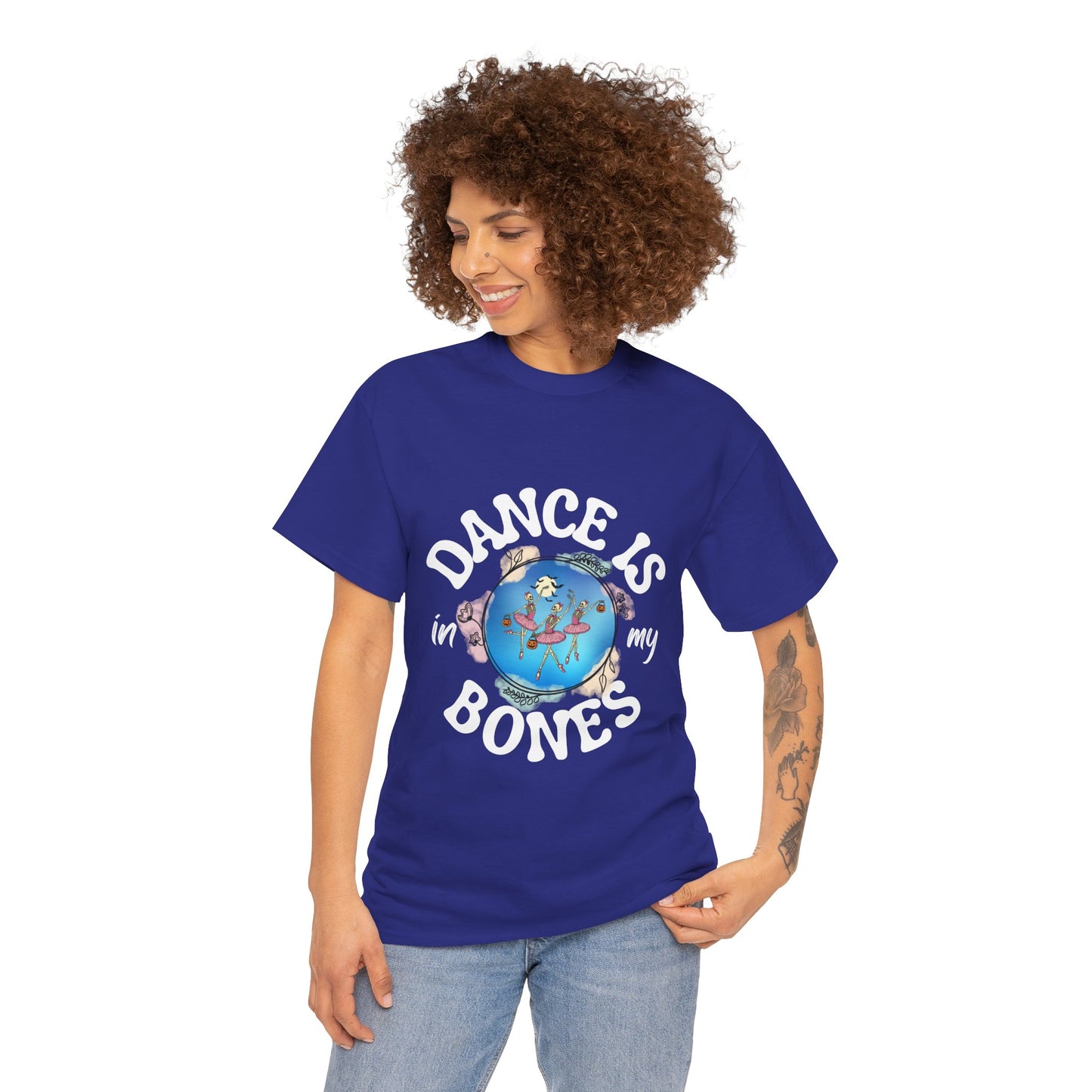 “Dance Is in My Bones” Halloween Dance T-Shirt with Dancing Skeletons Graphic - Unisex Heavy Cotton Tee