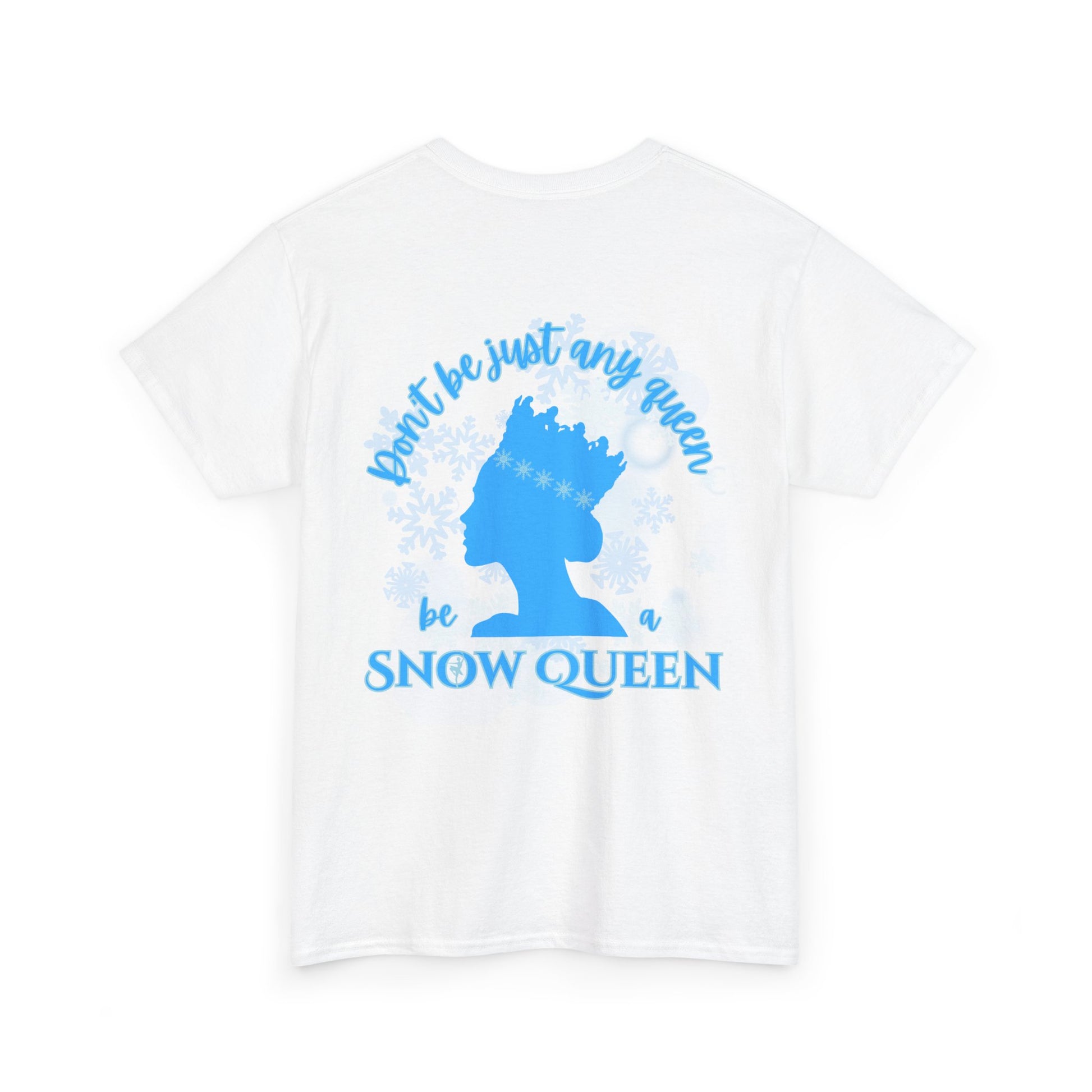 White t-shirt with blue snowflake design and text on a white background