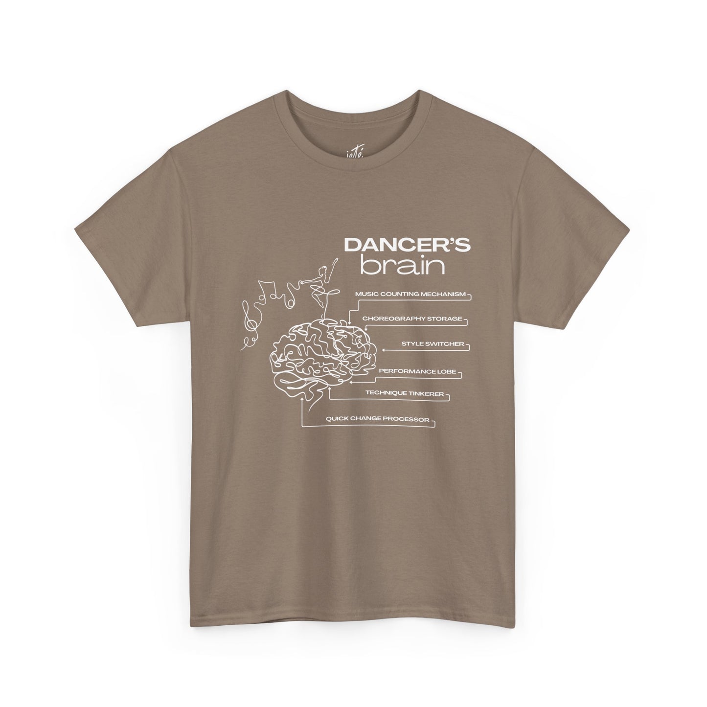 “Dancer’s Brain” Funny Dance Anatomy T-Shirt – Unisex Heavy Cotton Tee with Cute Dancer Brain Diagram and Optional Back Personalization