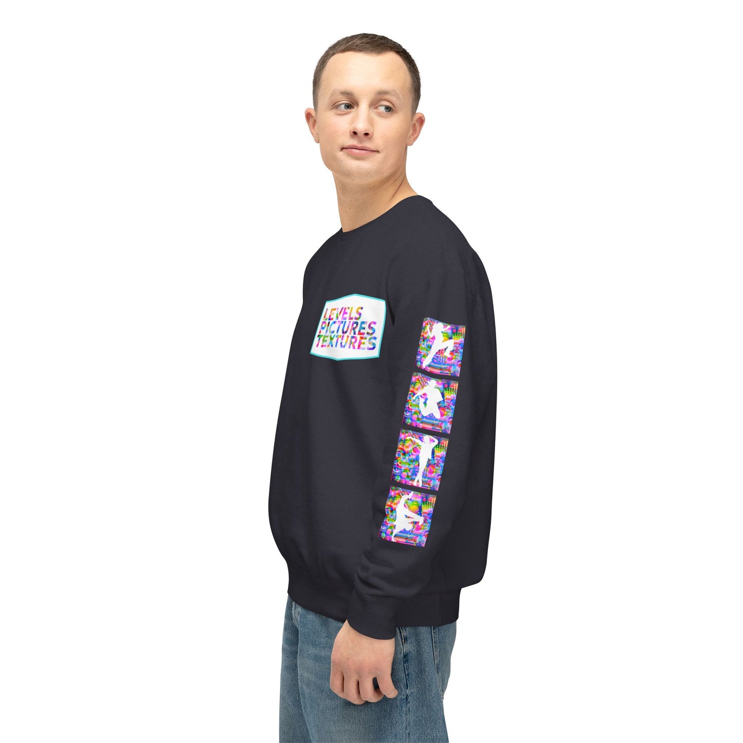 Levels Premium Collection Dance Crewneck Sweatshirt – Vibrant Unisex Streetwear Pullover with "Levels Pictures Textures" Front Text and Dancer Silhouettes on Sleeves