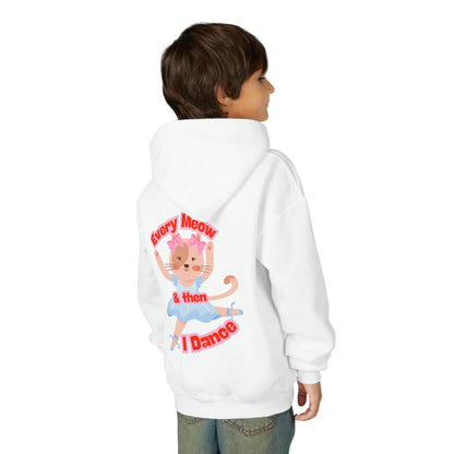 “Every Meow & Then I Dance” Adorable Dancing Cat Graphic | Cute Cat Dance Hoodie for Kids & Young Ballet Enthusiasts - Unisex Youth Hoodie
