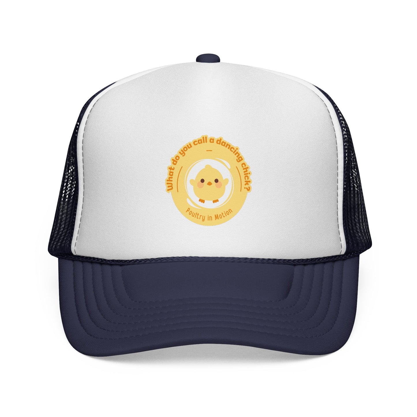 "What do you call a dancing chick? Poultry in Motion" Funny Dance Trucker Hat – Cute Chicken Graphic Unisex Cap for Dancers & Pun Lovers