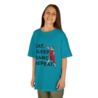 "Eat Sleep Dance Repeat” Youth Short Sleeve Tee – Bold Dancer Graphic Dance Shirt for Kids and Young Performers