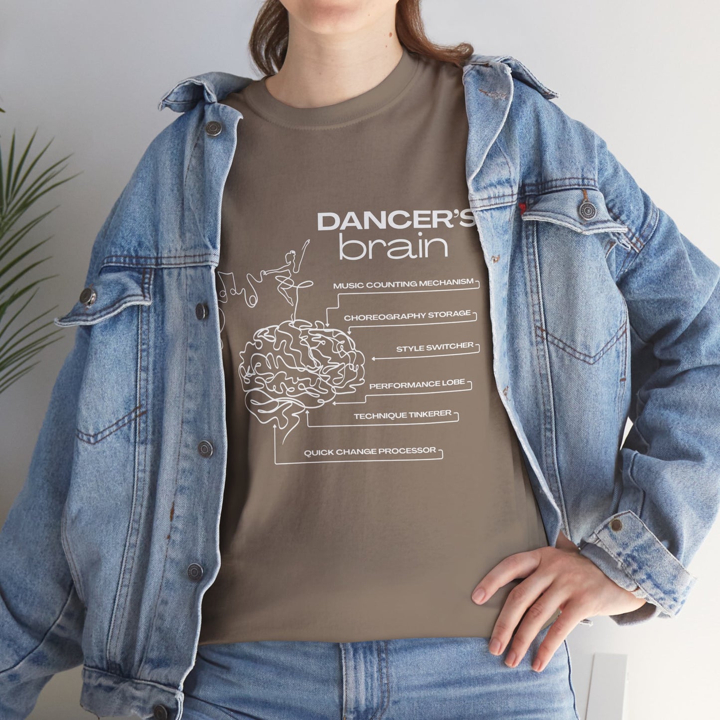 “Dancer’s Brain” Funny Dance Anatomy T-Shirt – Unisex Heavy Cotton Tee with Cute Dancer Brain Diagram and Optional Back Personalization