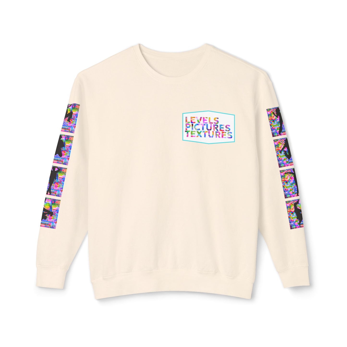 Levels Premium Collection Dance Crewneck Sweatshirt – Vibrant Unisex Streetwear Pullover with "Levels Pictures Textures" Front Text and Dancer Silhouettes on Sleeves