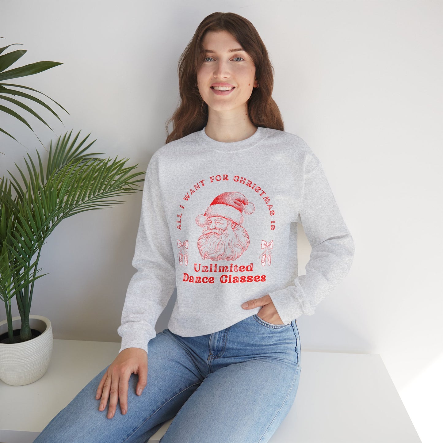 “All I Want for Christmas Is Unlimited Dance Classes” ADULT SWEATSHIRT Unisex Heavy Blend Crewneck with Vintage Santa – Festive Holiday Dance Sweatshirt for Dancers & Studios