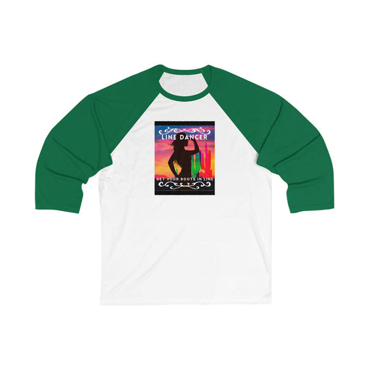"Line Dancer – Get Your Boots in Line" Unisex 3/4 Sleeve Baseball Tee – Western-Inspired Country Dance Shirt for Dancers