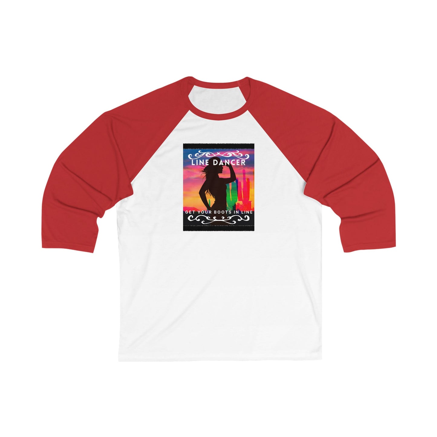 "Line Dancer – Get Your Boots in Line" Unisex 3/4 Sleeve Baseball Tee – Western-Inspired Country Dance Shirt for Dancers