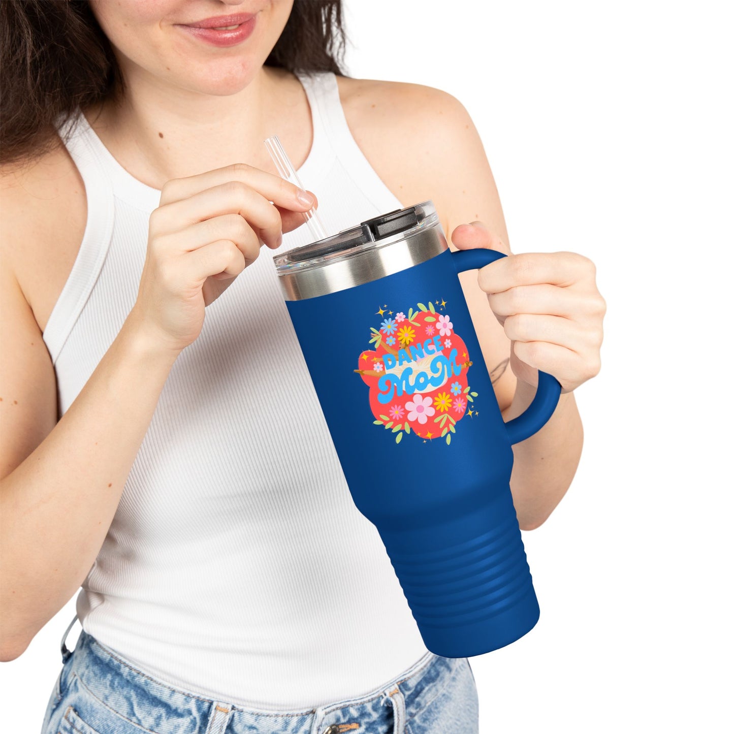 "Dance Mom" 40oz Insulated Travel Mug – Floral Graphic with Costume Designer, Makeup Artist, Chauffeur Text – Funny Dance Mom Gift Tumbler