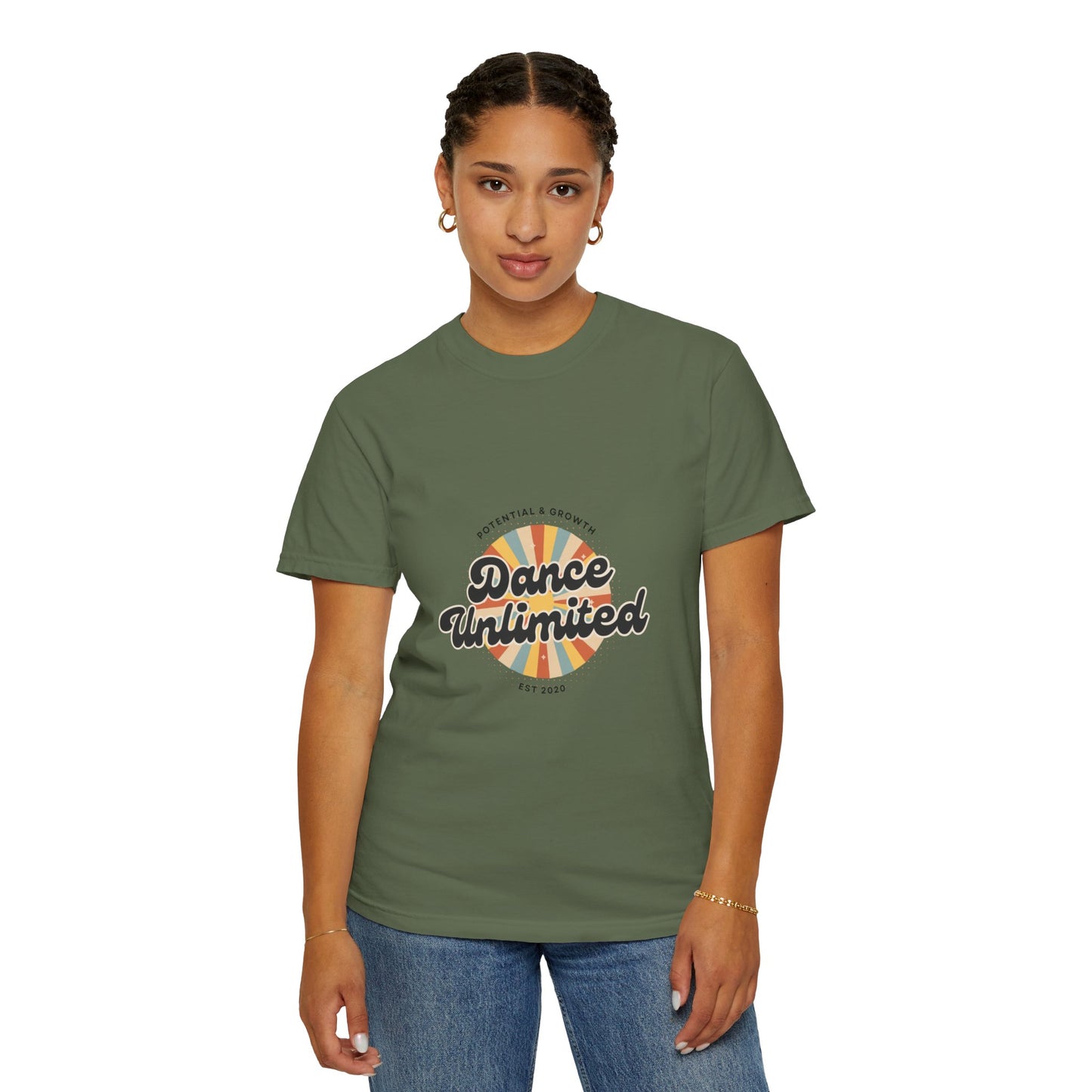 "Dance Unlimited, Potential & Growth" Unisex Garment-Dyed T-Shirt – Retro-Inspired Dance Motivation Graphic Tee – Inspirational Shirt for Dancers"