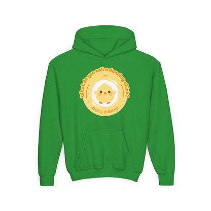"What do you call a dancing chick? Poultry in Motion." Youth Hooded Sweatshirt – Funny Dancing Chick Pun Graphic Hoodie for Kids and Teens
