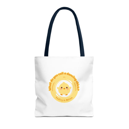 "What do you call a dancing chick? Poultry in Motion" Funny Dance Tote Bag – Kawaii Chicken Canvas Tote for Dancers & Dance Lovers