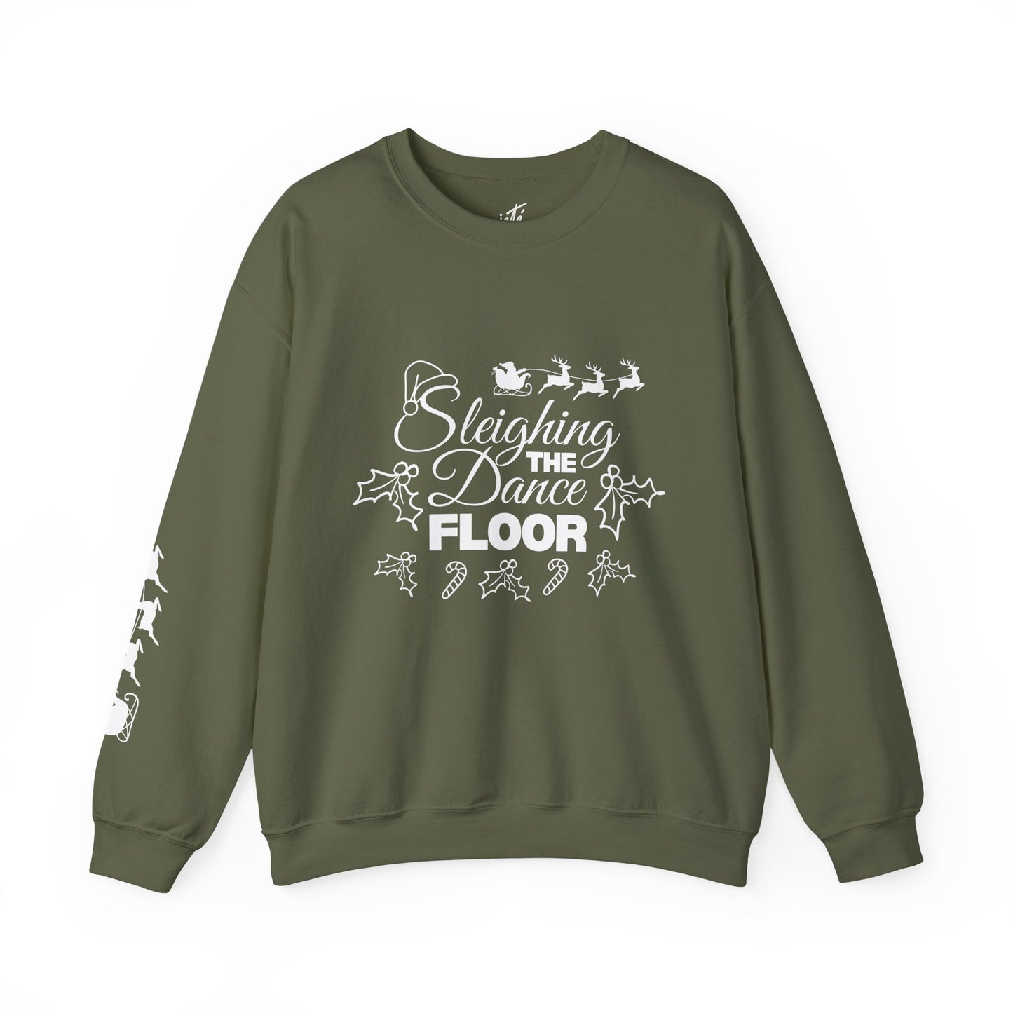 “Sleighing the Dance Floor” ADULT SWEATSHIRT Unisex Heavy Blend Crewneck – Festive Christmas Dance Sweatshirt with Santa’s Sleigh & Reindeer Arm Design, Perfect for Dancers & Studios