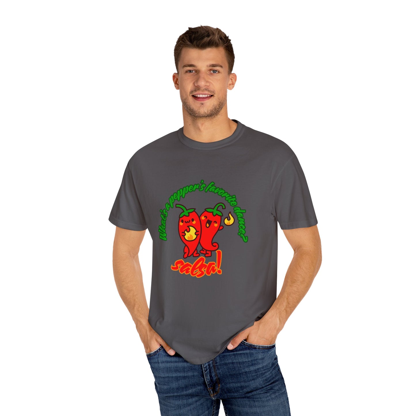 "What's a Pepper's Favorite Dance? Salsa!" Dance Pun Unisex Garment-Dyed T-Shirt – Funny Dance Joke Tee with Cute Pepper Graphic – Dance Humor Shirt for Food & Pun Lovers