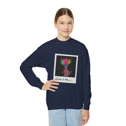 "Shake It Like a..." Youth Crewneck Sweatshirt – Carnival-Inspired Samba Dancer Graphic Pullover for Kids and Teens