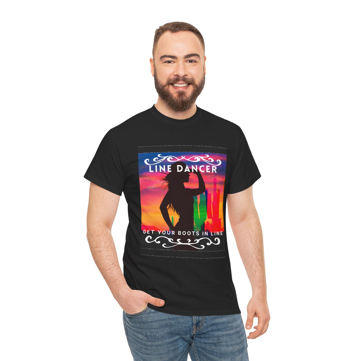 "Line Dancer" Unisex Heavy Cotton T-Shirt – Western Country Dance Graphic Tee – 'Get Your Boots in Line' Cowboy-Inspired Shirt